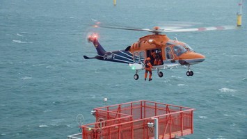 Helikopter auf hoher See ï¿½ber Windkraftanlage