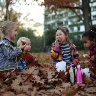Laubhaufen, in dem vier Kinder mit Herbstlaub spielen (aus der Sendung mit dem Elefanten)