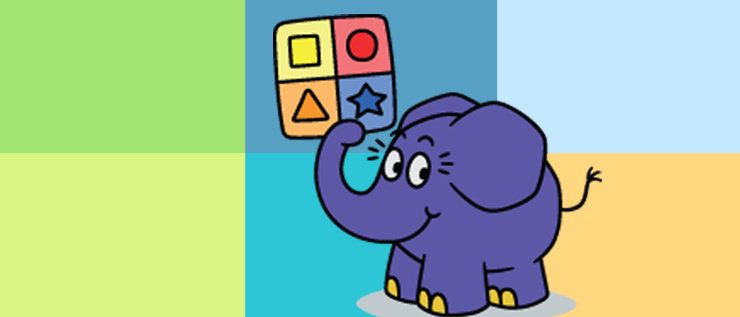 Der Elefant trägt ein Quadrat mit vier Symbolen auf dem Rüssel.