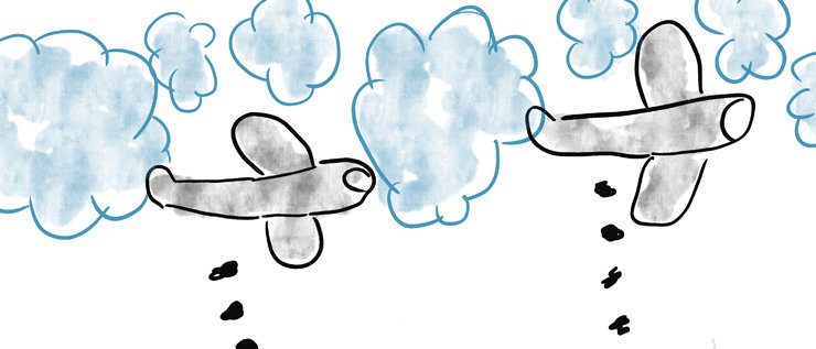 Zeichnung zwei Flugzeuge zwischen Wolken werfen schwarze Kügelchen ab