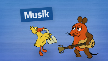 Text: Musik. Bild: Maus und Ente musizieren