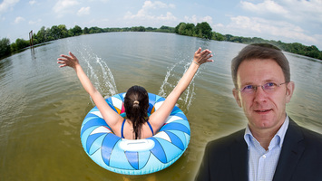 Bildmontage: MausLive Doc Christian Hermanns und junge Frau mit Schwimmreifen im Badesee