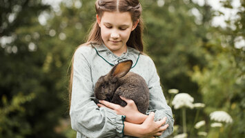 Ein Mädchen hält einen Hasen auf dem Arm.