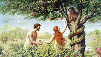Zeichung von Adam & Eva im Paradies, die einen Apfel essen.
