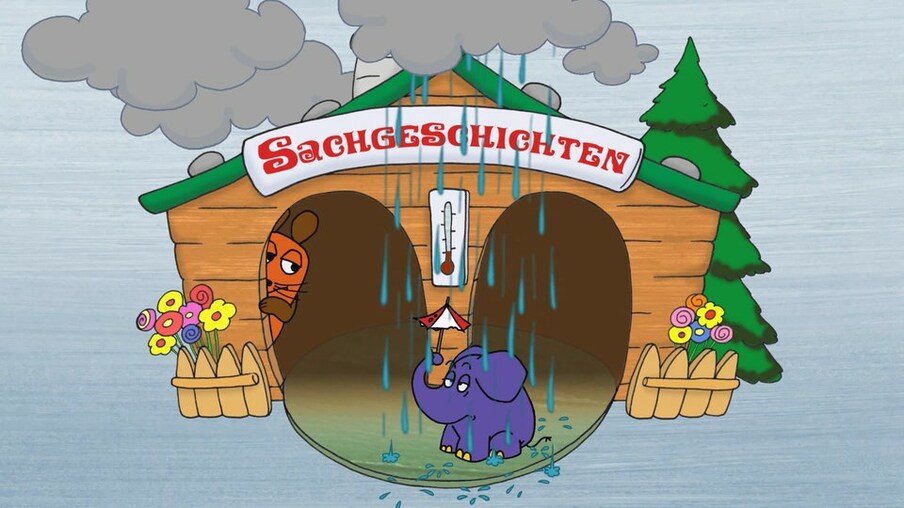 Maus und Elefant in einem Holzhaus bei Regen