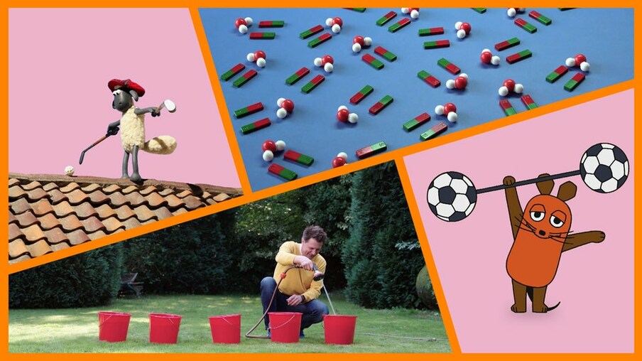 Geteiltes Bild: Shaun balanciert auf dem Dach, um einen Golfball abzuschlagen, viele Magnet-Paare und Atombällchen angeordnet, André füllt Wasser in 5 rote Eimer auf einer Wiese, die Maus, die ein Gewicht mit je einem Fußball an der Seite hebt