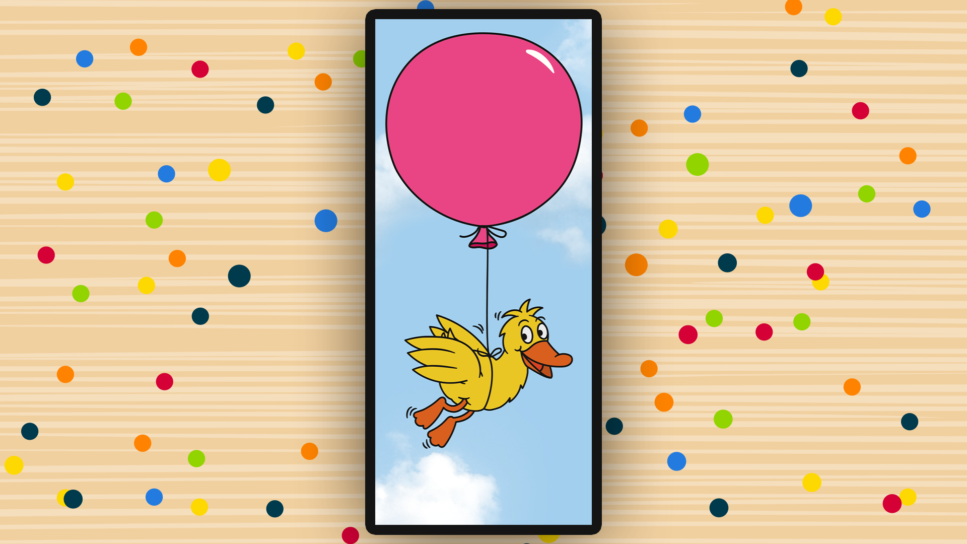 Die Ente fliegt mithilfe eines roten Ballons