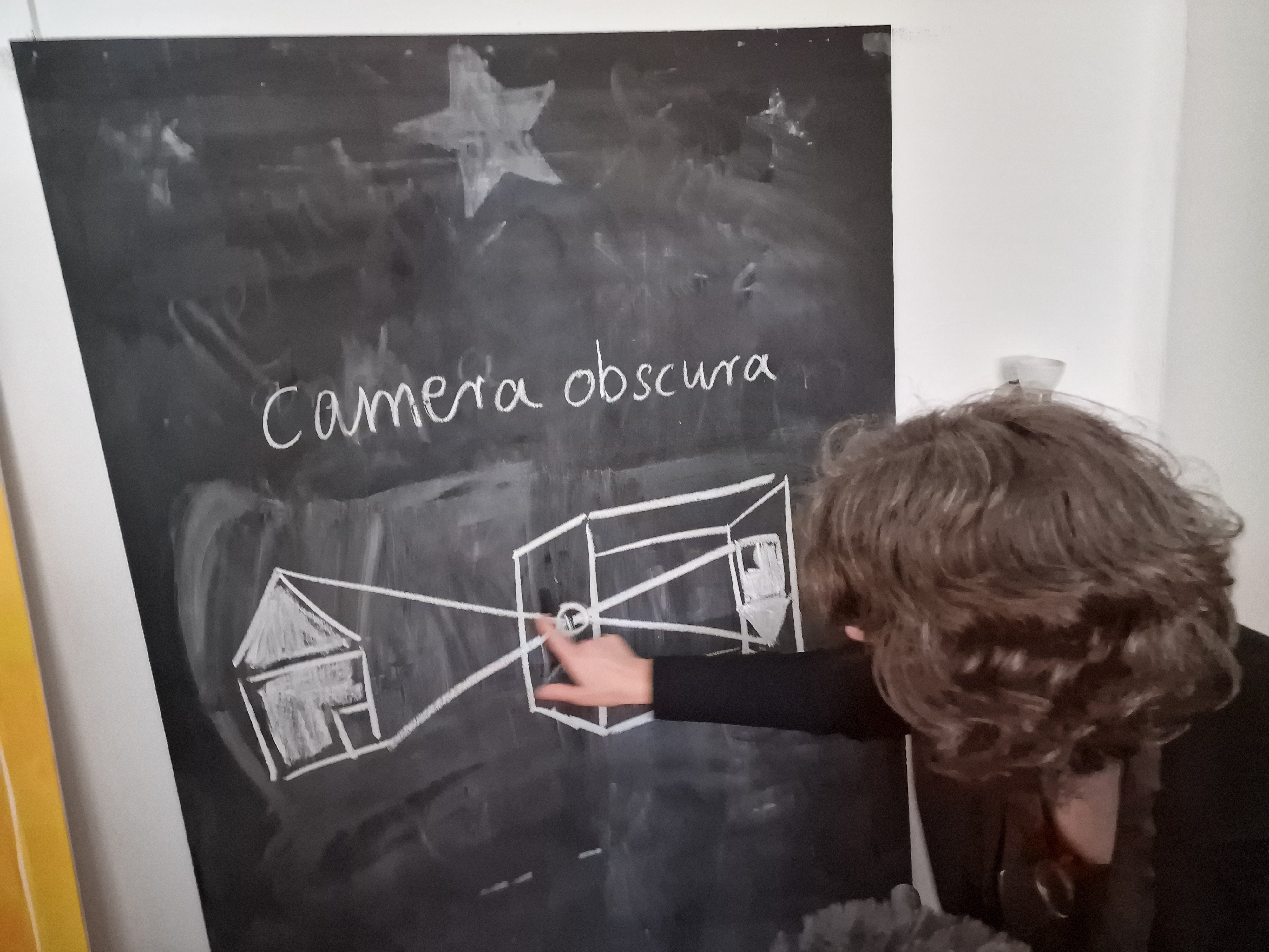 Auf einer Tafel ist eine Zeichnung mit einem Haus und einer Kamera zu sehen.