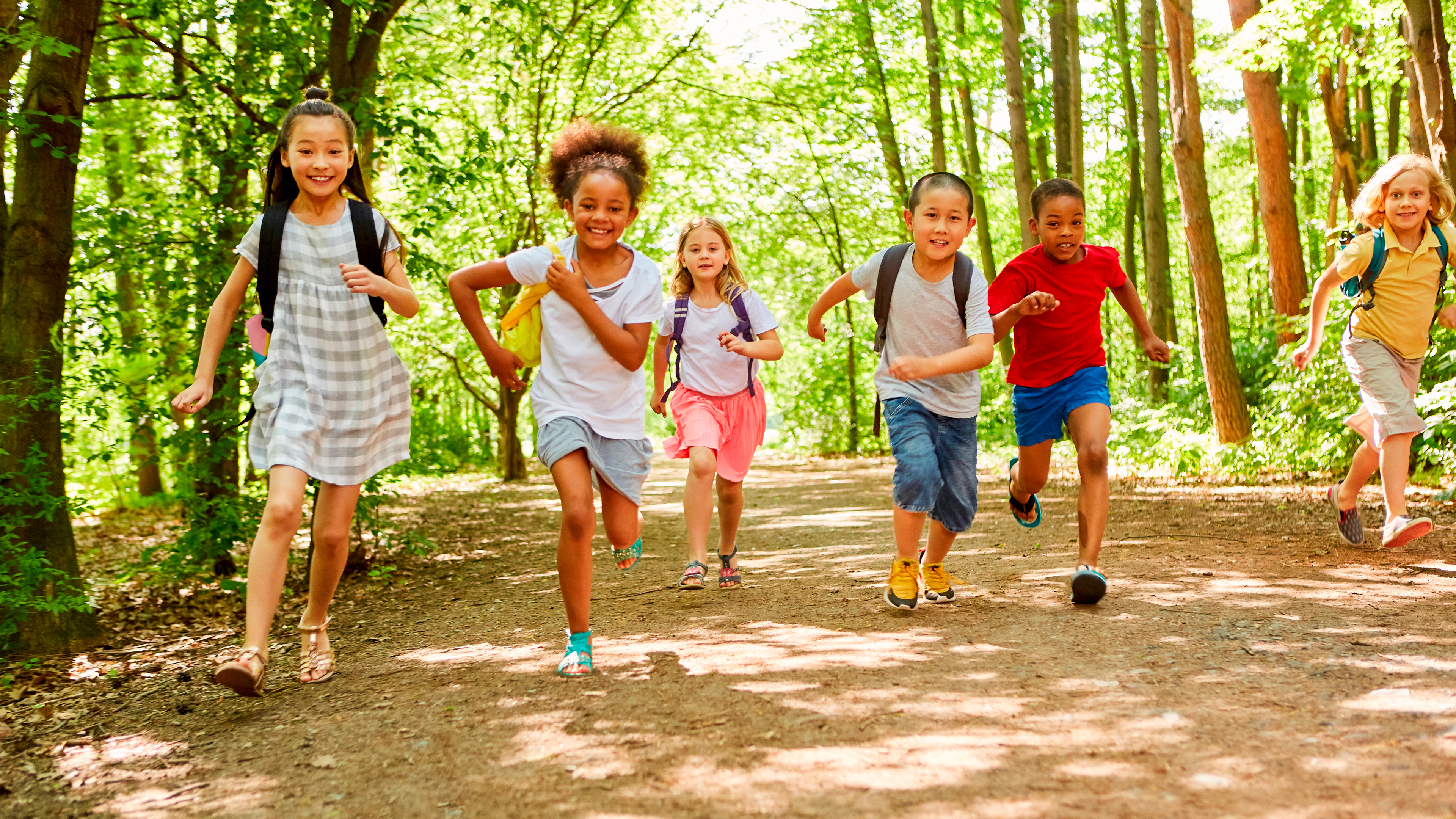 Sechs Kinder rennen sommerlich gekleidet mit Rucksäcken im Wald