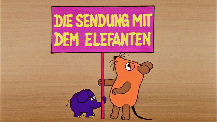 Elefant ein Schild mit Aufschrift "Die Sendung mit dem Elefanten", Maus schaut kritisch darauf