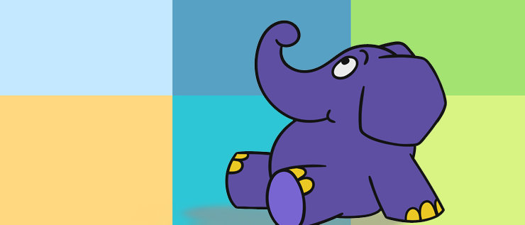Elefant sitzt vor bunten Kästchen