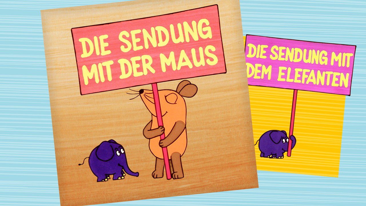 Grafik: Elefant und Maus mit den Schildern Die Sendung mit dem Elefanten/mit der Maus