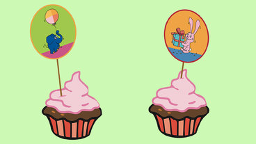 Muffin-Fähnchen Elefant und Hase in Muffins gesteckt