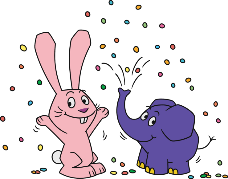Hase und Elefant werfen Konfetti
