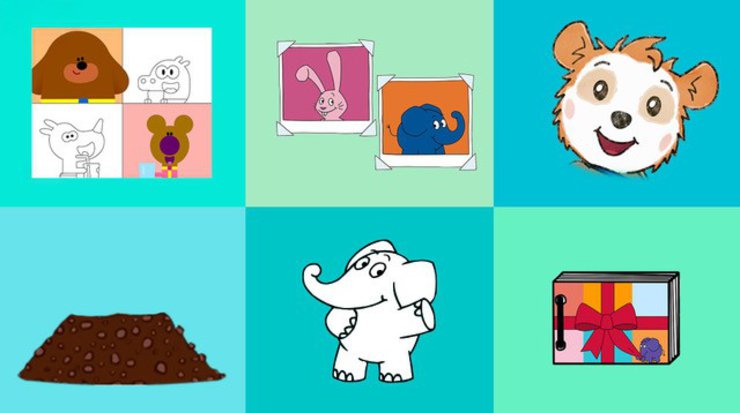 grün-blaue Kästchen mit Ausmalbildern vom Elefanten, Hey Duggee und Bobo Siebenschläfer