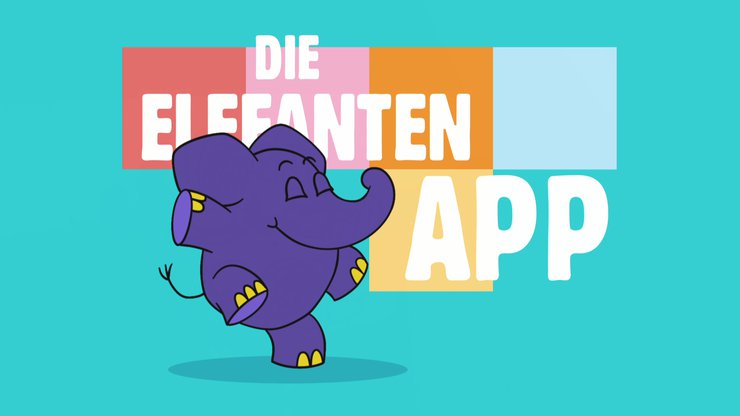 tanzender Elefant vor dem Schriftzug Die ElefantenApp