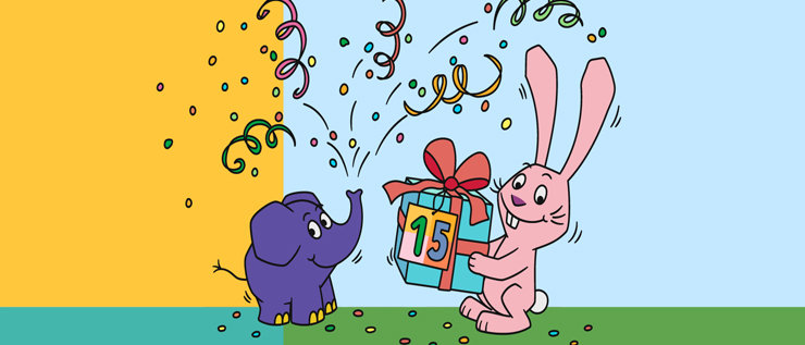 Grafik Elefant und Hase mit Geschenk und Konfetti 