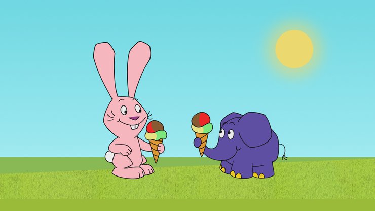 Hase und Elefant mit je einem Eis