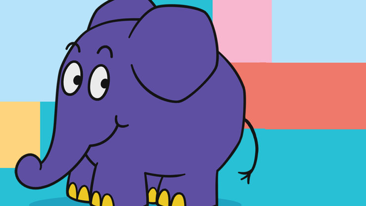 Der Elefant aus der Sendung vor bunten Kästchen