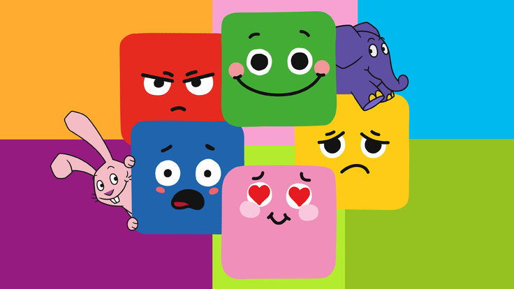 Gefühls-Emojis und Elefant und Hase auf bunten Kästchen