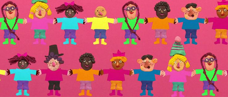 Animation Figuren mit bunter Kleidung und unterschiedlicher Hautfarbe