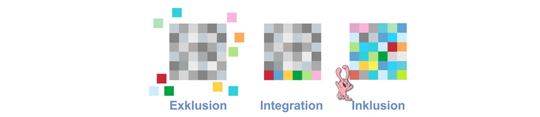 Grafik mit Pixeln außerhalb, innerhalb und verteilt im Rahmen mit Hase