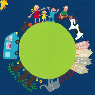 Illustration von Figuren aus Planet Willi um einen grünen Planeten verteilt