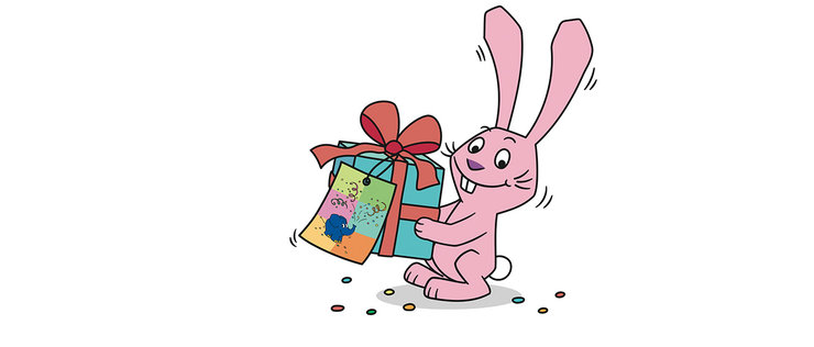 Grafik von Hase mit Geschenk und Geschenkanhänger