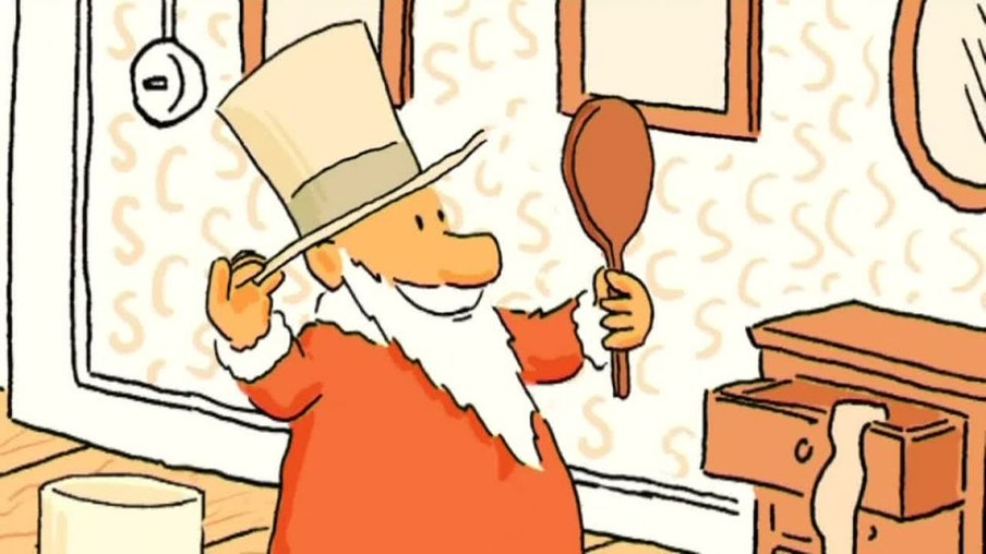 Weihnachtsmann hält einen Spiegel in der Hand