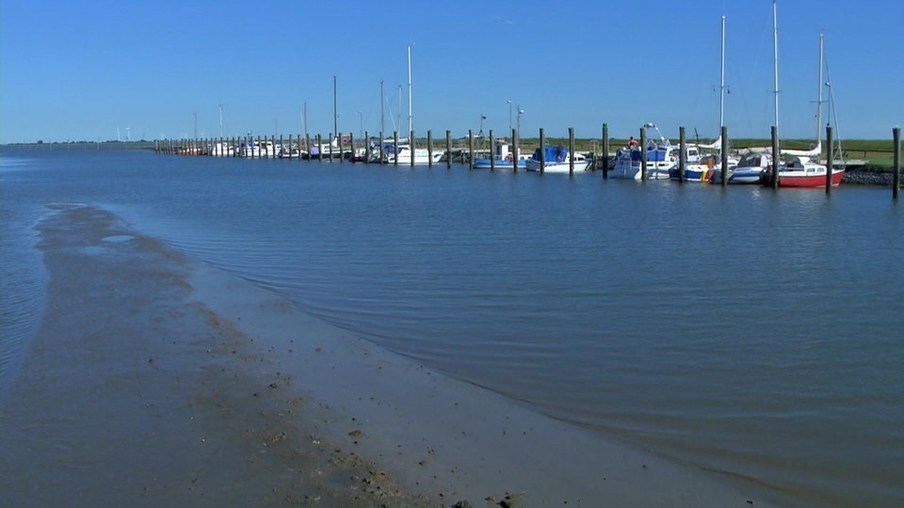 Boote in einem Hafen bei Ebbe