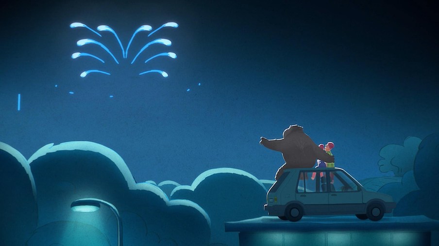 Trude und Tier auf Auto, Feuerwerk