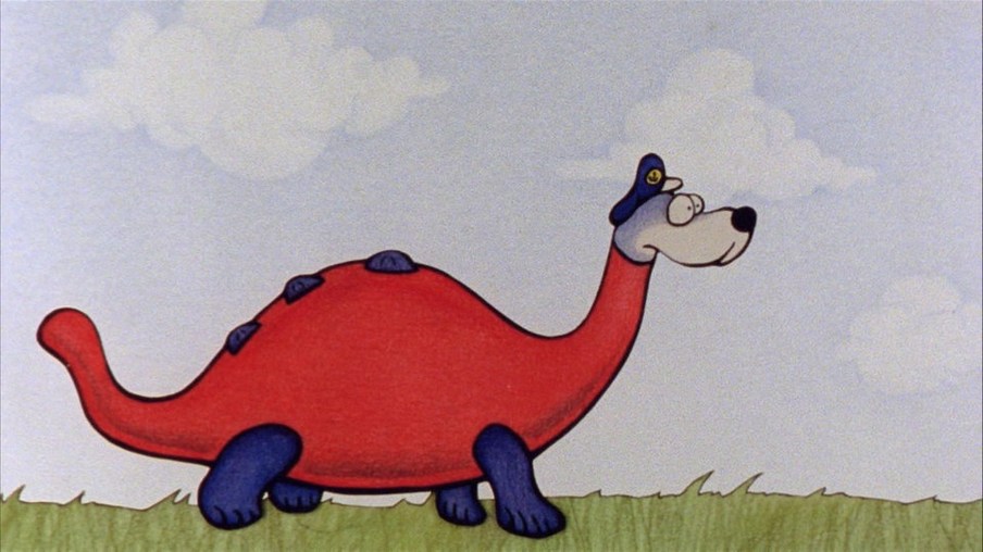 Ein Dinosaurier mit dem Kopf von Käpt'n Blaubär.