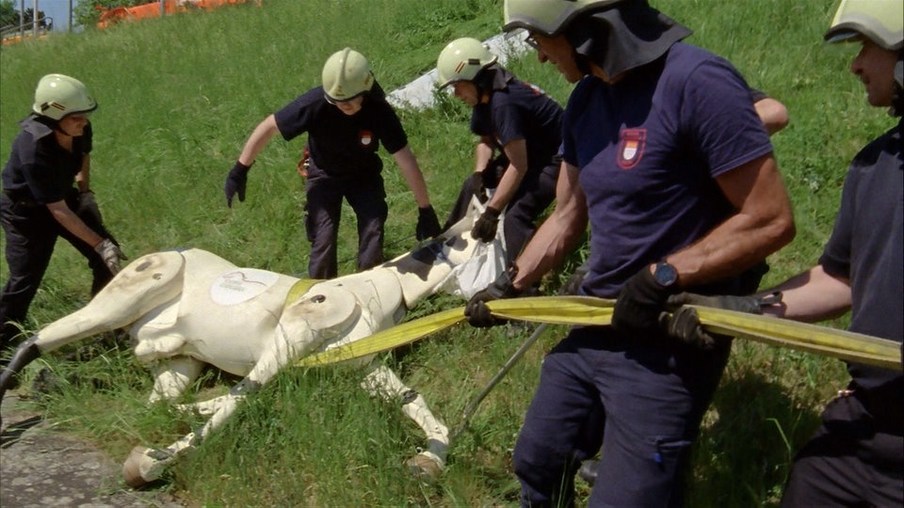 Feuerwehrmänner mit Spielzeugpferd