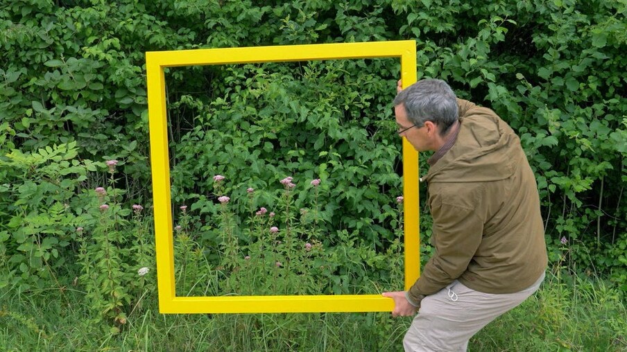 Biologe Gregor hält einen gelben quadratischen Rahmen vor ein Stück Natur